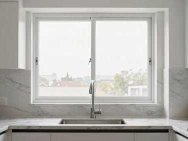 Clean modern kitchen with marble tile backsplash, bright daylight, architectural framing, sharp focus