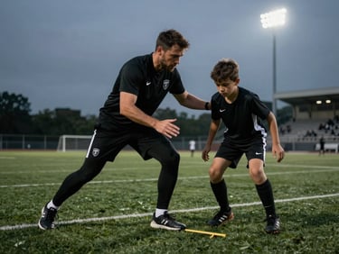 Moody, high-contrast athletic photography of a male academy football coach instructing a young player during an agility drill under stadium floodlights, shallow depth of field, 35mm.
