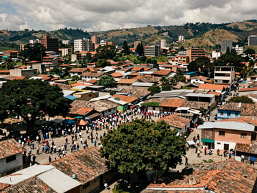 Wide panoramic urban landscape of community resistance in Colombia, organized neighborhood gathering, high contrast documentary film photography, overcast daylight, earthy tones.