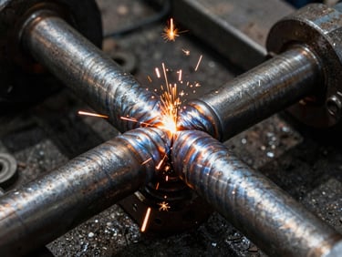 Extreme close-up of heavy-duty steel welds on industrial machinery, sparks flying, dark gritty background with harsh side lighting
