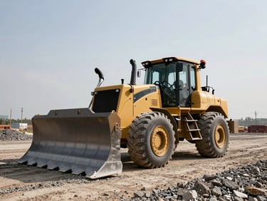 Low-angle heroic shot of a heavy bulldozer leveling gravel on a wide construction site under a clear overcast sky.