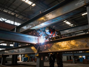 Industrial worker in high-vis gear welding structural steel beams inside a large manufacturing facility, sparks flying.