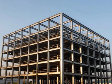 A clean, modern commercial building facade under construction, structural steel frame visible, golden hour light.