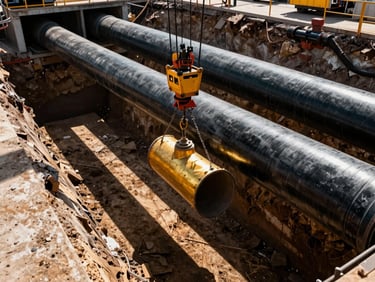 Large black industrial utility pipes being lowered into a deep trench by a crane, high-contrast daylight.