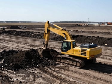 Wide environmental shot of heavy yellow excavators moving dark earth on a vast Alberta jobsite, high-contrast daylight, 35mm.