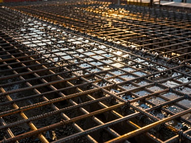 Close-up of wet concrete pouring into steel rebar reinforcement grids, golden late-afternoon sun highlighting textures, 35mm.