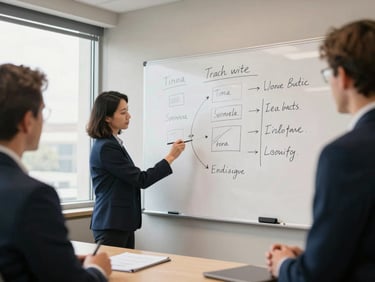 Modern conference room, team collaborating on a whiteboard with strategic points, natural daylight, corporate navy and warm neutral tones, shallow depth of field, 35mm