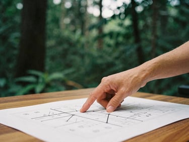 Close-up of a designer pointing to a strategy blueprint on a wooden desk, natural overcast light, rich forest green accents, 35mm film style