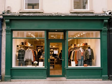 Medium environmental shot of an authentic retail storefront in Northern Ireland, soft overcast daylight, warm editorial photography style