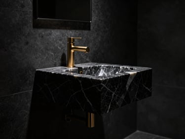 Side view of a floating dark marble washbasin, dramatic lighting, deep shadows, minimalist bathroom