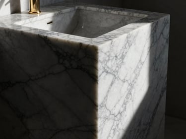 Close-up architectural shot of a monolithic Nero Marquina marble washbasin, sharp carved edges, dramatic side lighting, deep shadows