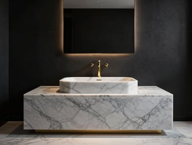 Architectural wide shot of a multi-tier Carrara white marble basin with gold hardware, minimalist luxury villa bathroom, dramatic side lighting