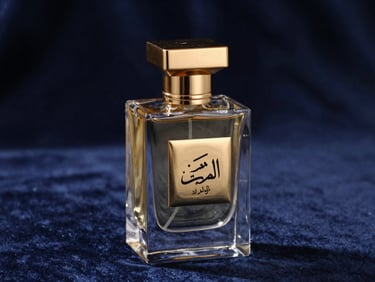 Luxury perfume bottle with custom gold cap and elegant Arabic typography label, dramatic low-key studio lighting, navy velvet surface