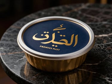 Premium food packaging mockup with gold foil Arabic script, gourmet product container on dark marble table, cinematic lighting