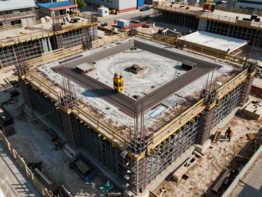 Construction site aerial view showing foundation and structural framework, daylight, no people, architectural documentation style