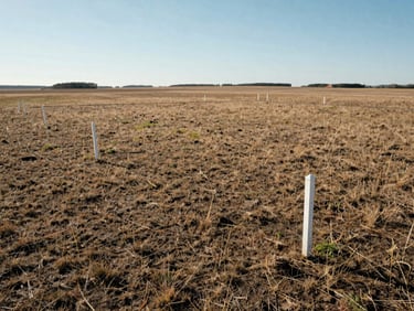 Open land parcel with visible boundary markers, dry grass and soil, wide environmental shot in daylight, no people