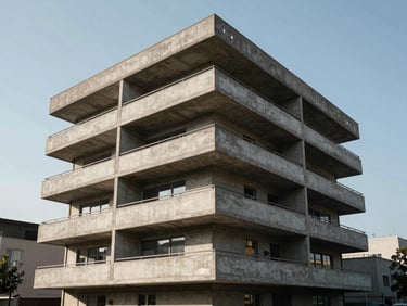 Exterior corner view of a four-story residential block, concrete balconies, daylight, wide shot, street context visible, no staging