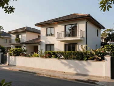 Wide street-level view of a detached villa with garden boundary wall, natural morning light, architectural framing, no people inside or outside