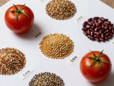 Overhead close-up of vegetable seeds — tomato, pepper, and bean seeds arranged in small groups on white paper under clear daylight, lot identification labels beside each group