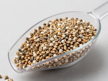 Close-up of cover crop seed mix — clover and ryegrass seeds in a clear plastic scoop against a clean gray surface, bright even studio lighting showing seed detail and uniformity