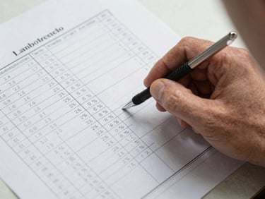 Close overhead shot of a printed germination data sheet on a flat surface, lot number and test date clearly visible, a farmer's hand pointing to the percentage figure, bright even daylight from above