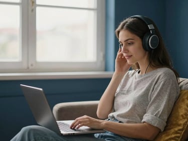 Uma mulher sentada em um sofá confortável, usando fones de ouvido e conversando com um terapeuta em um laptop, com luz natural suave entrando pela janela, ambiente acolhedor e minimalista.