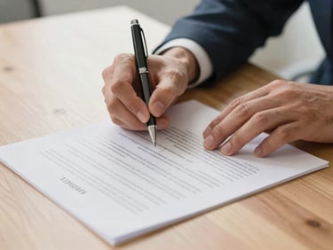 Close-up of hands signing a physical legal document with a premium pen on a clean wooden desk, bright natural light.