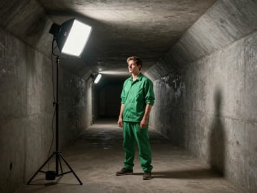 High-contrast behind-the-scenes shot of a creator in a green kit standing in a concrete stadium tunnel, dramatic single-source floodlight illumination