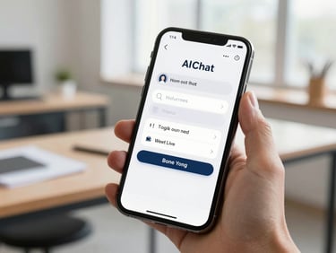 Close-up of a modern smartphone screen displaying an AI chat interface with a friendly greeting and booking prompt, held by a business owner in a clean workshop, bright natural daylight.