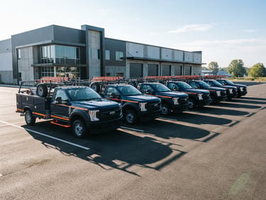 A line of branded navy blue service trucks parked in a neat row outside a modern industrial facility, bright morning sun casting sharp shadows, professional editorial photography