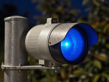 Extreme close-up detail shot of a ruggedized optical traffic sensor mounted on a steel mast arm, cool-toned night lighting, sharp blue status LEDs reflecting on metal.