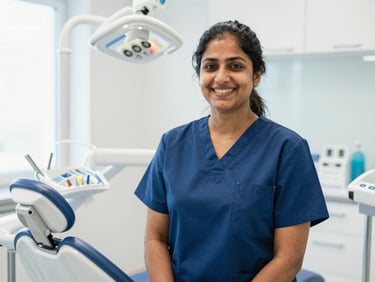 Professional medium portrait of Dr. Shivani Sharma in modern blue scrubs, smiling warmly in a bright, clean dental clinic environment with soft daylight.