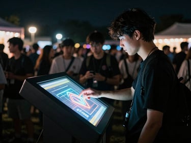 A person interacting with a glowing neon touch-panel installation at an outdoor night event, crowd blurred in background