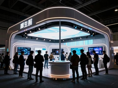 Wide environmental shot of a futuristic brand activation booth, interactive LED screens glowing, crowd of people interacting, dramatic lighting