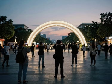 Wide environmental shot of a crowded public square at dusk, people taking photos of a massive glowing brand arch