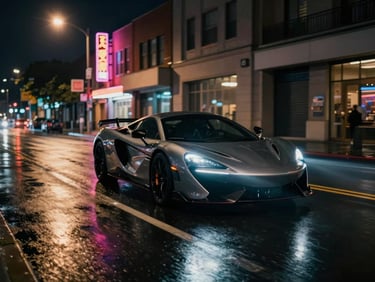 Cinematic wide shot of a sleek sports car driving through a wet city street at night, neon signs reflecting on the asphalt, anamorphic lens flare