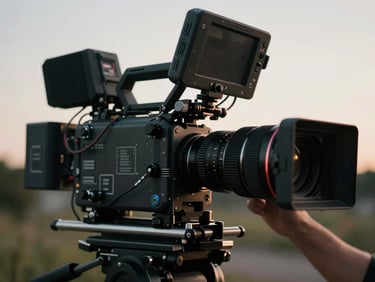 Close-up of a professional cinema camera rig, focus puller hand on the lens, outdoor natural golden hour light, cinematic depth of field