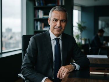 Medium-close portrait of Carlos Matos in a dark suit, natural overcast window light, professional corporate office, sharp focus, 35mm