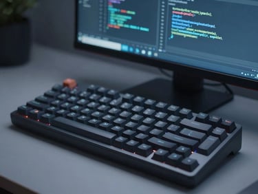 Tight macro shot of a modern mechanical keyboard and code editor on a high-resolution screen, cool ambient blue screen glow, minimalist workspace, sharp focus.