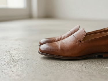 Close-up of a minimalist brown leather shoe on a concrete floor, soft natural lighting, neutral tones.