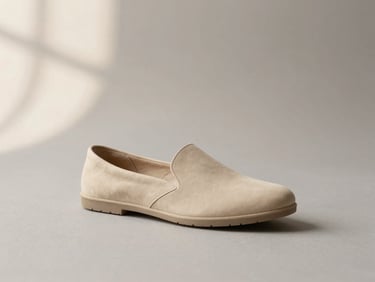 Minimalist studio shot of a soft beige slip-on shoe, warm gray background, diffused window light.