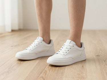 Lower-body crop of feet walking on a clean wooden floor wearing unbranded white sneakers.