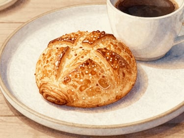 Watercolor illustration of a French pastry and coffee on a ceramic plate, warm earth tones, macro detail