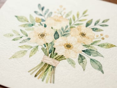 Watercolor painting of a wedding bouquet with soft green leaves and cream flowers, delicate brushstrokes