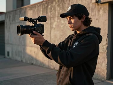 Behind the scenes of an AFARTE streetwear video shoot in Tijuana, dynamic camera angle, urban concrete background, golden hour lighting.