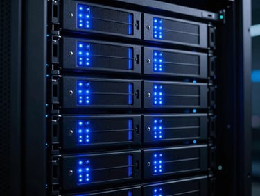 Close-up of a server rack with glowing blue LED indicator lights, high-contrast dark-mode server room, cinematic tech aesthetic, 35mm lens