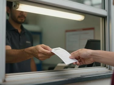 Medium shot of a customer at a pickup window receiving a printed transfer receipt, hands exchanging the document across the counter, overhead fluorescent light, no staging