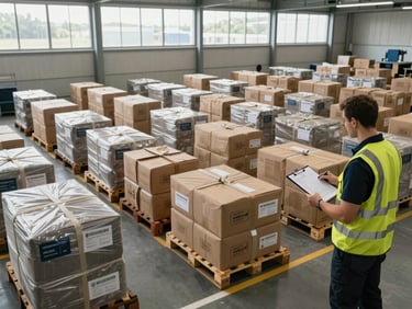 Wide shot of a logistics sorting facility under daylight coming through high clerestory windows, rows of labelled parcels on wooden pallets organized by destination zone, a worker in a high-visibility vest examining a clipboard with route sheets, facility floor markings visible