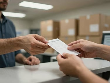 Medium shot of a customer's hands and a counter agent exchanging a printed money transfer receipt, overhead fluorescent light in a logistics office, transaction form visible on counter surface