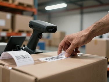 Medium shot of hands scanning a barcode on a cardboard box at a logistics counter, receipt printout visible beside the scanner, overhead warehouse light, no styling